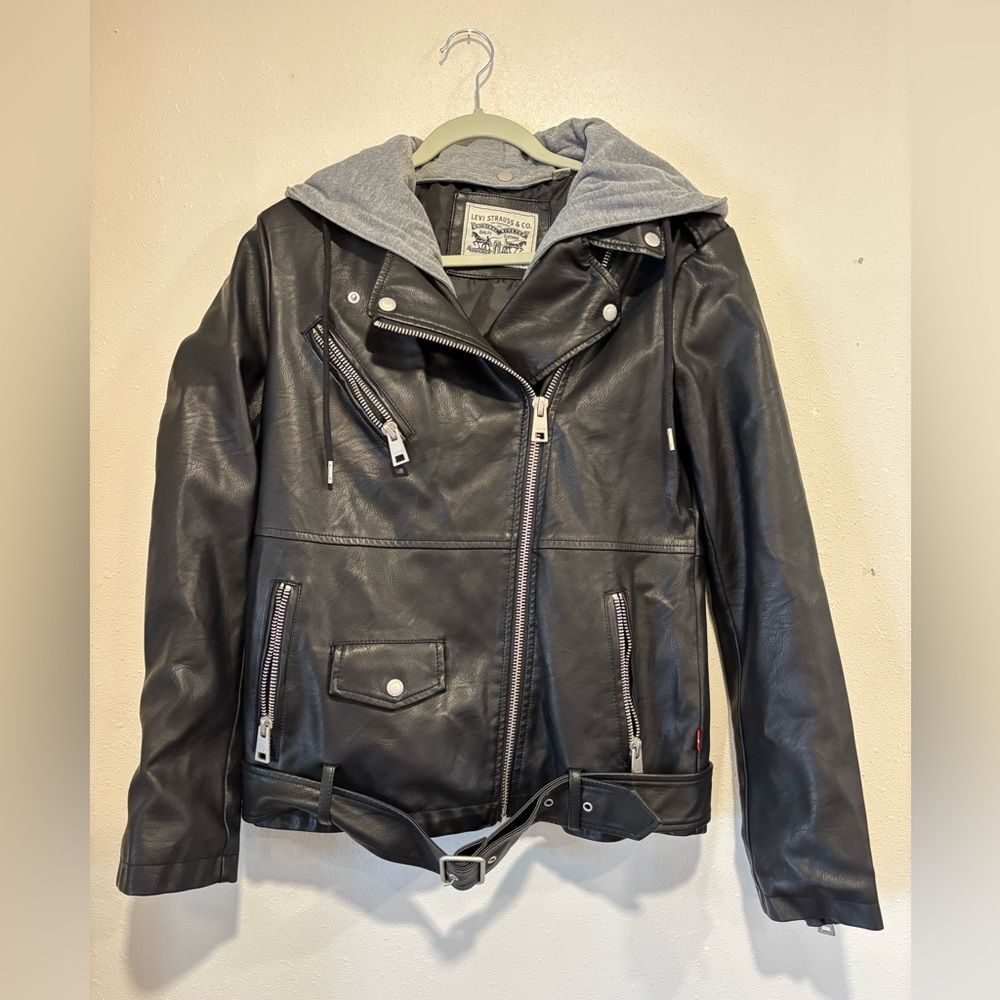 Levi’s Faux Leather Moto Jacket w/ Gray Hood | Size Small Like New , Soft